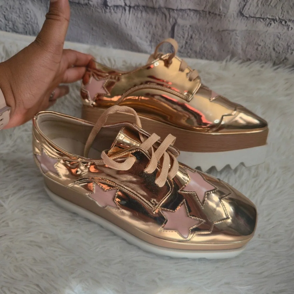 Daiyaer NWOT Rose Gold Platform Oxfords Star Creeper Wedge Shoes Size 37